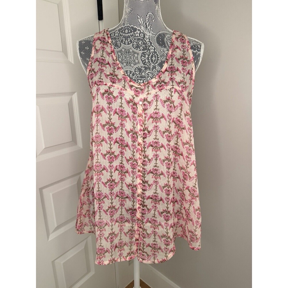 Roper Western Pearl Snap Sleeveless Sheer Top Floral blouse Size Large